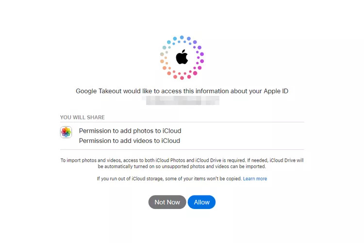منح Google Takeout إذن إضافة الصور والفيديوهات إلى حساب iCloud img credits: Joshua Hawkins @lifewire.com