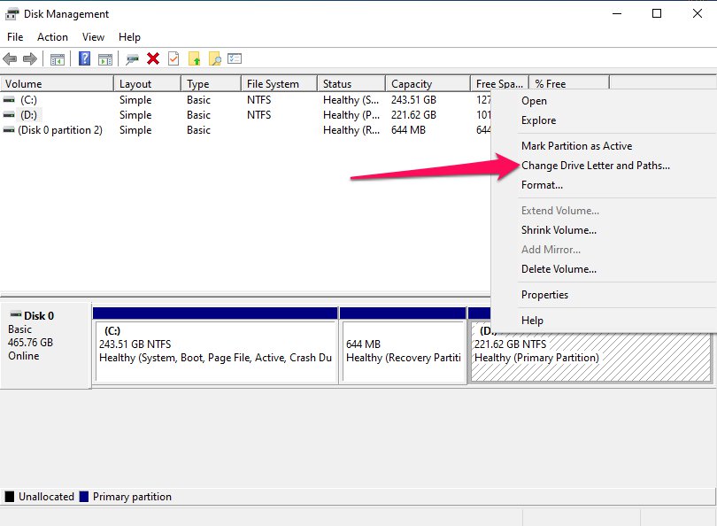 تغيير حرف محرك الأقراص "Change Drive Letters and Paths".